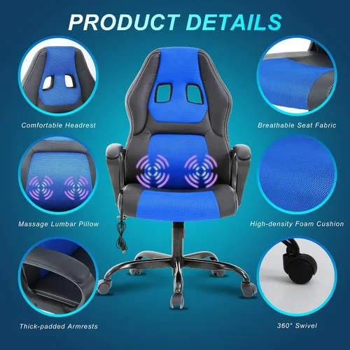 Miniatura 6 de Silla Gamer - Silla ergonómica de masaje para juegos, silla de escritorio de cuero azul para adultos y niños