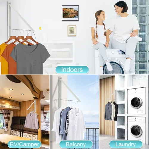 Miniatura 4 de Estante de secado montado en la pared, 65 libras, aluminio, sin taladro, color blanco Wall clothes drying rack folds flat to 0.39 inch. Holds 8-11