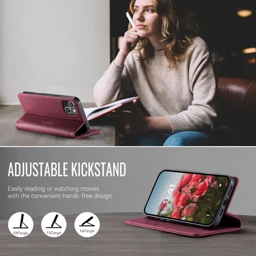 Miniatura 8 de Funda tipo cartera para iPhone 13 de piel tipo cartera con tarjetero y función atril, cierre magnético, bloqueo RFID, TPU a prueba de golpes, Rojo