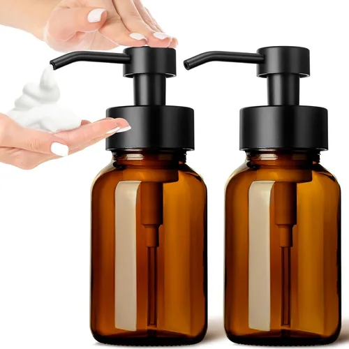 GMISUN Dispensador de jabón espumoso, dispensador de jabón de espuma de vidrio ámbar de 8.5 fl oz / 8.5 fl oz para baño y cocina, paquete de 2