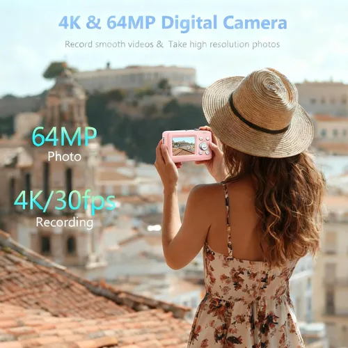 Miniatura 2 de Cámara digital, UHD 4K 64MP cámaras digitales compactas para fotografía con tarjeta de 64GB, zoom óptico 16X, antivibraciones, cámara compacta Rosa