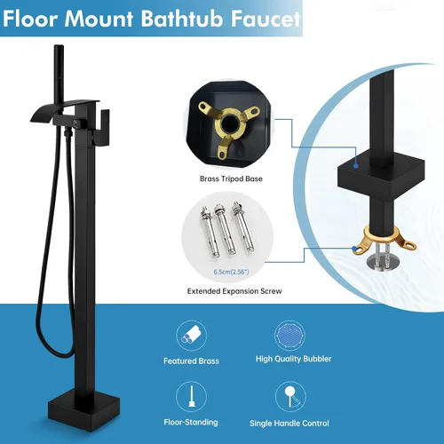 Miniatura 8 de RUMOSE Grifo Llenador de Bañera Independiente Grifo de Bañera Negro Mate Montaje en Piso Grifo de Bañera Cascada Independiente Llenador de Bañera