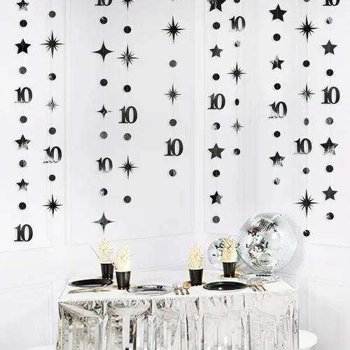 Miniatura 5 de Decoraciones negras de cumpleaños número 10, guirnalda de estrellas centelleantes con diseño de círculos, telón de fondo metálico para niñas, niños