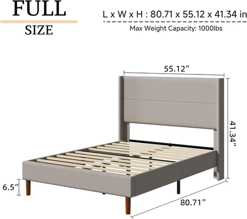 Miniatura 2 de Base de cama de tamaño matrimonial, plataforma tapizada de lino con cabecera con respaldo de ala, soporte de listones de madera, no necesita somier