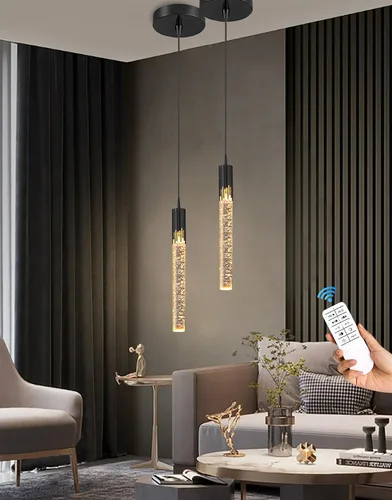 Miniatura 6 de Flashing God Luces colgantes negras modernas LED para isla de cocina, mini luz colgante de cristal con luz LED regulable de cristal de burbujas