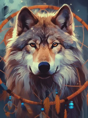 Miniatura 5 de Bimkole Kits de pintura de diamantes 5D, lobo atrapasueños, taladro completo, animales, juego de bordado de diamantes de imitación, pintura