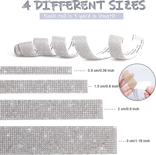 Miniatura 2 de 4 rollos de cinta de cristal de diamantes de imitación autoadhesiva, calcomanía de decoración brillante con diamantes de imitación de 0.079 pulgadas