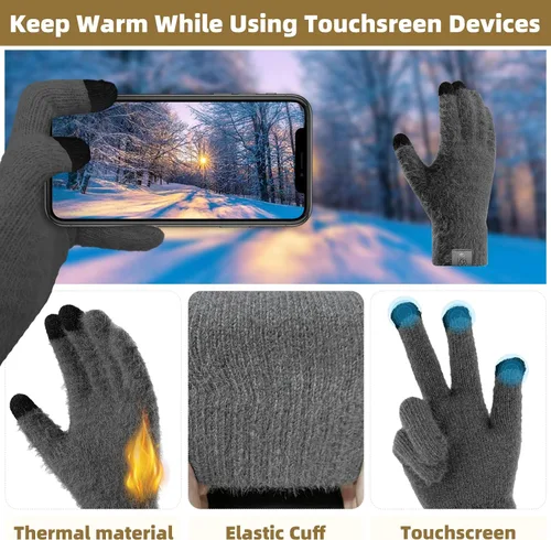 Miniatura 3 de Gorro de punto de invierno para mujer con guantes para pantalla táctil, gorro de pompón, bufandas para el cuello para hombres
