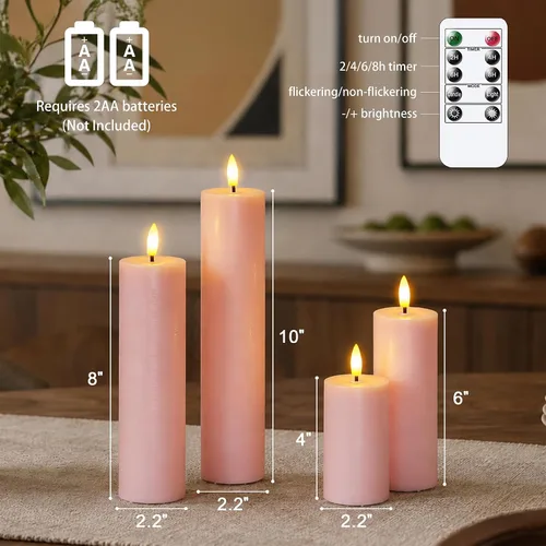 Miniatura 4 de Velas de pilar sin llama parpadeantes con control remoto y temporizador de ciclo, rosa Juego de 4 velas eléctricas falsas de 3D-Mecha alta operadas