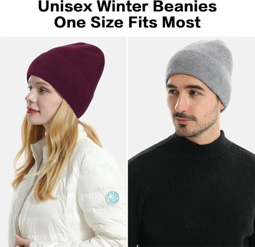 Miniatura 6 de HH HOFNEN Gorro de invierno para mujeres y hombres, gorro de punto de lana con forro polar con puños