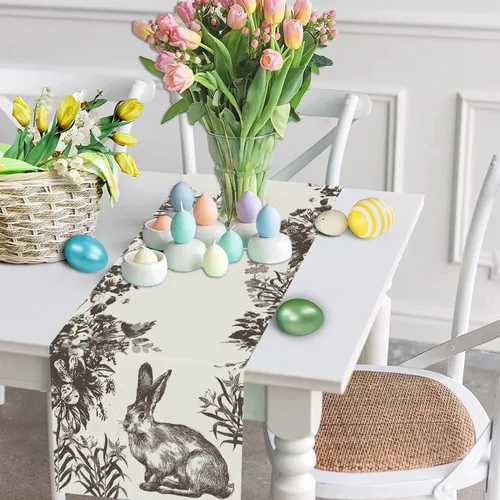 Miniatura 3 de GPGHE Camino de mesa de Pascua, diseño floral de conejito largo, para primavera, vacaciones, cocina, comedor, fiesta, decoración de granja, 13 x 36