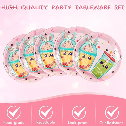 Miniatura 5 de Boba Tea Party Decor Bubble Tea Birthday Vajilla desechable para fiesta, platos y servilletas, juego de mantel para decoración de cumpleaños