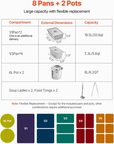 Miniatura 3 de VEVOR Calentador de alimentos comercial, 7 bandejas + 2 ollas, mesa de vapor eléctrica, 1800 W, calentador de alimentos profesional para catering