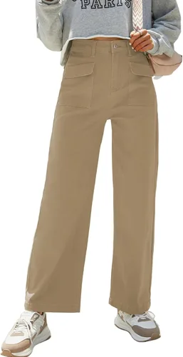 Dokotoo Pantalones cargo para mujer, holgados, de pierna ancha, cintura alta, pantalones casuales de jean elásticos