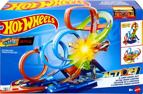 Miniatura 6 de Hot Wheels Juego de pista con 4 bucles, zona de choque de 3 vías y refuerzo motorizado, se pliega para almacenamiento, con auto de juguete a escala