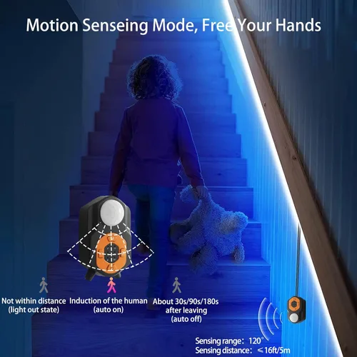 Miniatura 5 de Tira de luces LED con sensor de movimiento Auplf 19.68 pies de luces debajo de la cama, luz de cama RGB con activación por movimiento de 3 modos