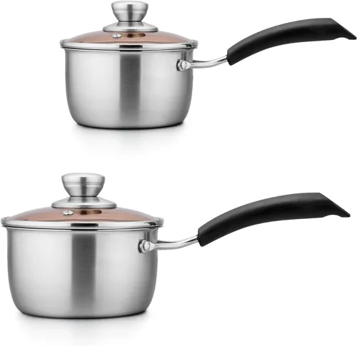 TeamFar Cacerola de 1 cuarto de galón y 2 cuartos de galón con tapa, olla pequeña de cocción de acero inoxidable, cacerola para leche y salsas con