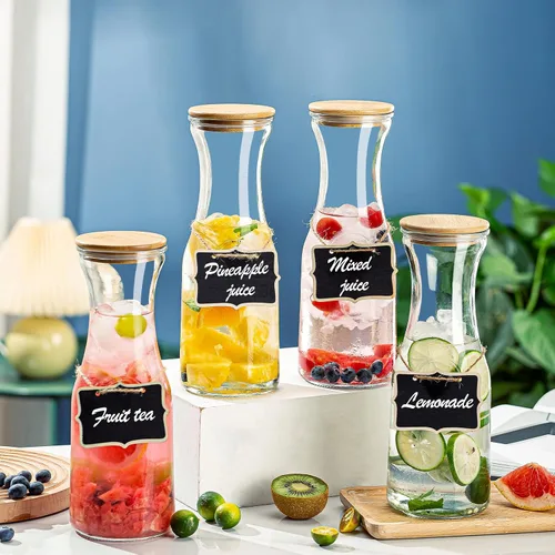 Miniatura 3 de Jarras de vidrio con tapas de bambú, 4 piezas de 1 litro para bebidas de 1 litro, juego de jarras para barra de mimosa, contenedor de jugo