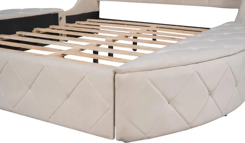 Miniatura 8 de Cama de plataforma tapizada tamaño Queen, muebles de dormitorio, marco de cama de madera de pino con cajón, taburetes de almacenamiento laterales