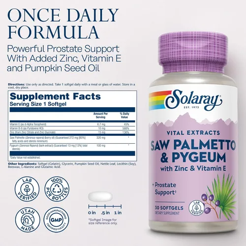 Miniatura 3 de SOLARAY Saw Palmetto y Pygeum - Saw Palmetto para hombres con corteza de Pygeum, zinc, vitamina E, aceite de semilla de calabaza - Suplementos