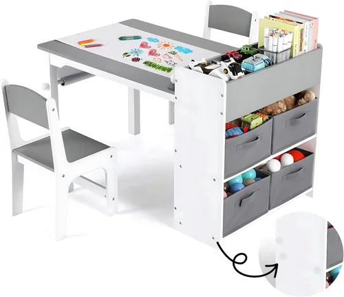 Arlopu - Juego de mesa y 2 sillas de arte para niños, mesa de actividades de madera para niños de gran tamaño, escritorio de dibujo robusto con gran