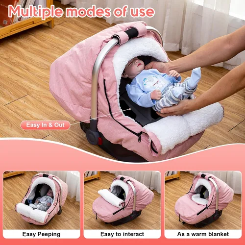 Miniatura 2 de Funda de Asiento de Coche de Invierno para Bebé, Funda de Asiento de Coche con Forro de Felpa Sherpa y Forro de Lana, Toldo de Asiento de Coche Rosa