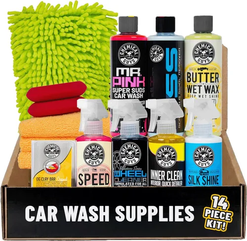 Chemical Guys HOL123 - Kit de limpieza de coche para interior y exterior, 14 artículos incluyendo (7) productos químicos de 16 onzas