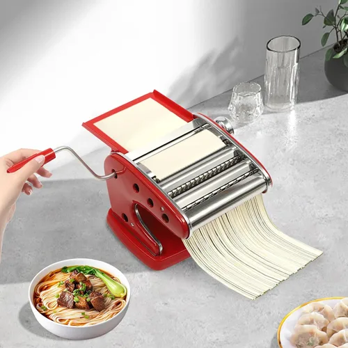 Miniatura 5 de Máquina para hacer pasta, hecho en casa de acero inoxidable manual con 6 ajustes de grosor ajustables, cortador de fideos resistente para Rojo