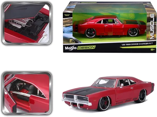Miniatura 8 de 1969 Dodge Charger R/T Rojo Metálico con Capucha Negra y Rayas Negras Classic Muscle 1/25 Modelo de Auto Fundido a Presión por Maisto