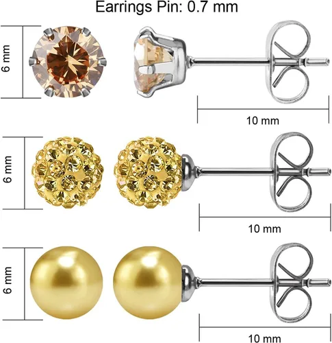 Miniatura 41 de JewelrieShop - Juego de aretes de tuerca de acero inoxidable con circonitas cúbicas y perlas de imitación, 3 pares de 0.236 in