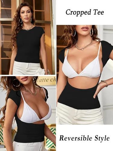 Miniatura 3 de ForeFair - Camiseta corta sexy de manga corta, sin espalda, con cuello redondo, ajustada, informal, para verano, estilo Y2K