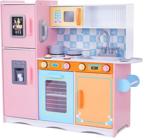 Lil' Jumbl Juego de cocina para niños, cocina de juego de madera con tablero de tiza, teléfono de juego, toallero y dispensador de hielo, pomos de