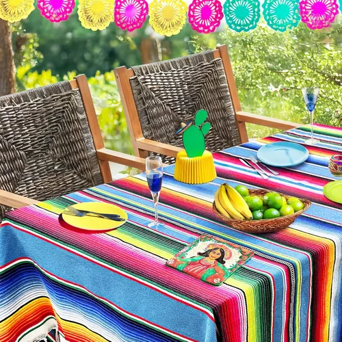 Miniatura 7 de OurWarm Mantel mexicano de 59 x 84 pulgadas para decoración de bodas y fiestas mexicanas, mantel cuadrado grande de algodón con flecos, manta Azul