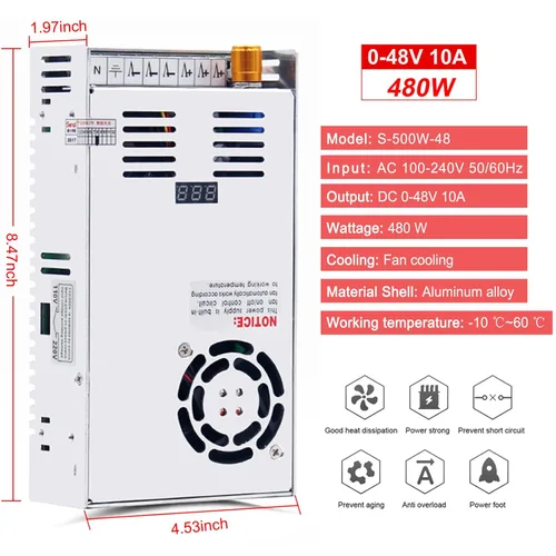 Miniatura 4 de EAGWELL Fuente de alimentación CC CA 110V/220V a DC 0-48V 10A 480W Buck Convertidor, adaptador LED ajustable regulado 5V 12V 24V 30V 36V 48V Volt