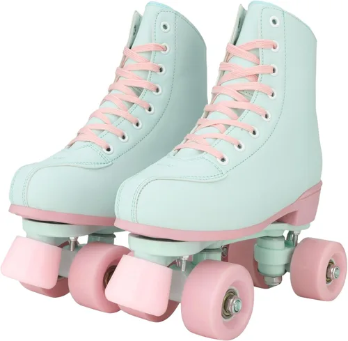 Miniatura 2 de XUDREZ Patines de ruedas para niñas y mujeres, de piel sintética verde claro, para interiores y exteriores, con ruedas de luz rosa para jóvenes
