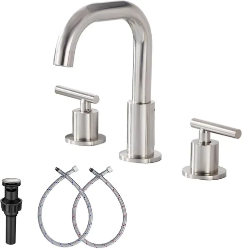 Miniatura 12 de Caño giratorio de 360°, 2 asas, 3 agujeros, 8 pulgadas, grifo de lavabo de baño de latón antiguo a juego con desagüe desplegable para baño