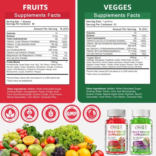 Miniatura 9 de Gomitas de frutas y verduras sin azúcar, súper verduras con 23 frutas y 25 verduras, minerales multivitamínicos y fibra, suplemento vegano de frutas