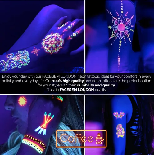 Miniatura 3 de Tatuajes temporales de neón que brillan en la oscuridad, 20 hojas, más de 170 diseños únicos para fiestas y festivales rave