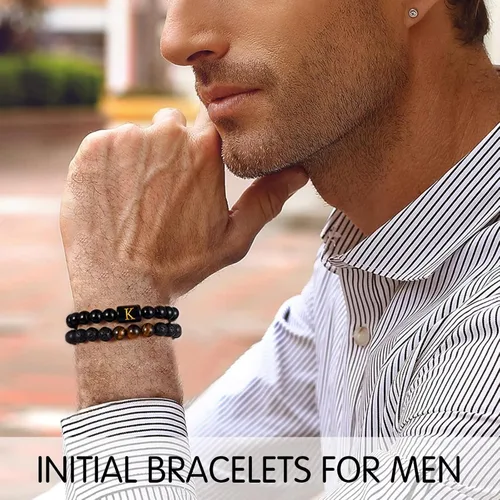 Miniatura 2 de STORUP Pulseras de cuentas con iniciales para hombre, piedra de lava de ojo de tigre de 0.315in, hechas a mano con letras de obsidiana, pulseras