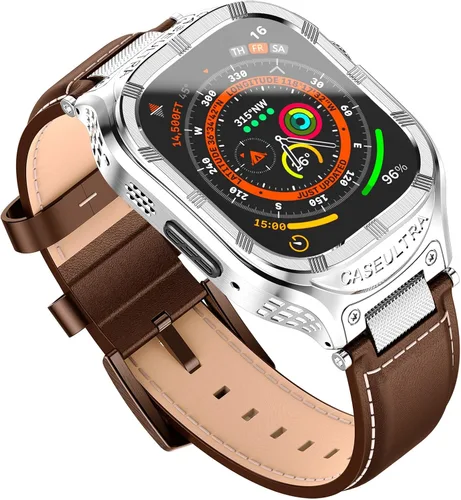 Miniatura 9 de Funda de acero inoxidable compatible con Apple Watch Ultra 2 correas para hombres de 1.929 in 1.772 in 1.732 in 1.654 in, correa de cuero genuino
