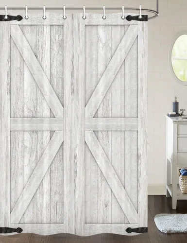 Miniatura 32 de Cortina de ducha de puerta de granero de madera rústica, 60 x 70 pulgadas, beige