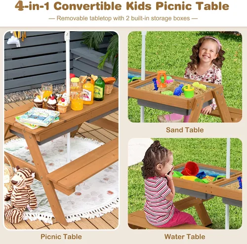 Miniatura 2 de KOTEK Mesa de picnic para niños, mesa de arena y agua 3 en 1 con mesa desmontable, 2 cajas de juego extraíbles, paraguas plegable y ajustable en Azul