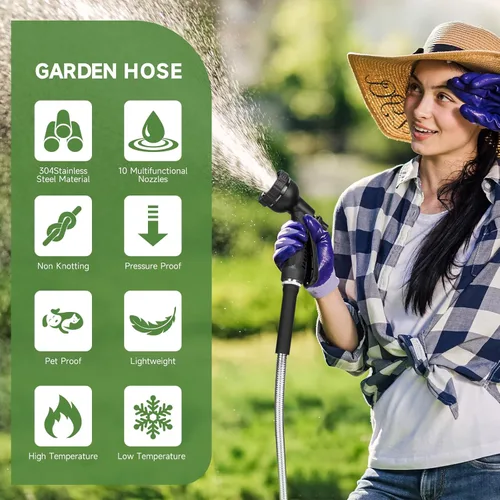 Miniatura 4 de YXT&BEYOND Manguera de jardín de 50 pies, manguera de agua ligera de acero inoxidable 304 con boquilla de pulverización de 10 patrones, accesorios
