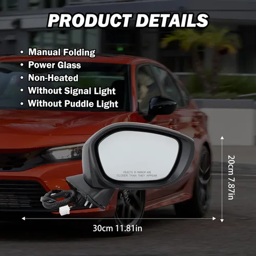 Miniatura 2 de Espejo lateral derecho del pasajero compatible con Honda Civic Sedan/Hatchback 2022, 2023, 2024, 2025, espejos con cristal eléctrico, sin 3 pines-BK