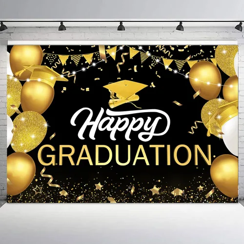 Telón de fondo de graduación de 5 x 3 pies para sesión de fotos, globos negros y dorados de la clase de 2024, felicitaciones, fiesta de graduación,