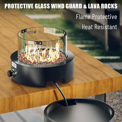 Miniatura 4 de Fogata de gas desmontable con rocas de lava, escudo de vidrio y ruedas, hoguera de propano sin humo con manguera para patio, patio, campamento