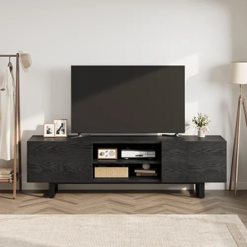 Miniatura 7 de Moderno soporte de TV para TV de 65/75/80 pulgadas, centro de entretenimiento negro de 70 pulgadas con 2 cajones y estantes abiertos, gabinete