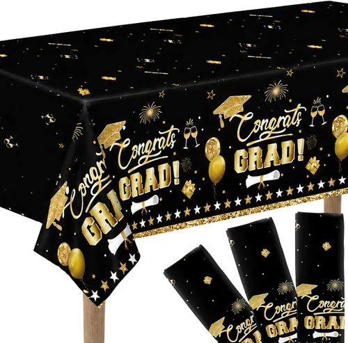KatchOn Mantel de graduación extragrande de 54 x 108 pulgadas, paquete de 3, decoraciones de graduación 2026, mantel de graduación negro y dorado,