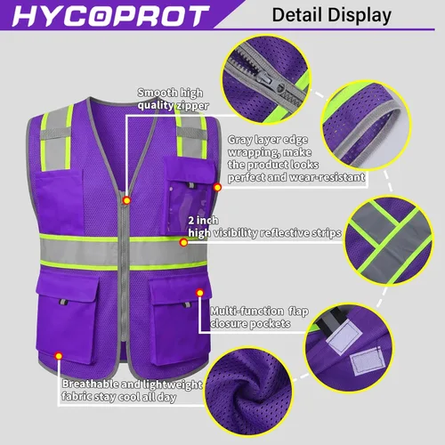 Miniatura 2 de HYCOPROT Chaleco de seguridad de alta visibilidad, chaleco de seguridad reflectante de alta visibilidad con bolsillos, cumple con las normas Púrpura