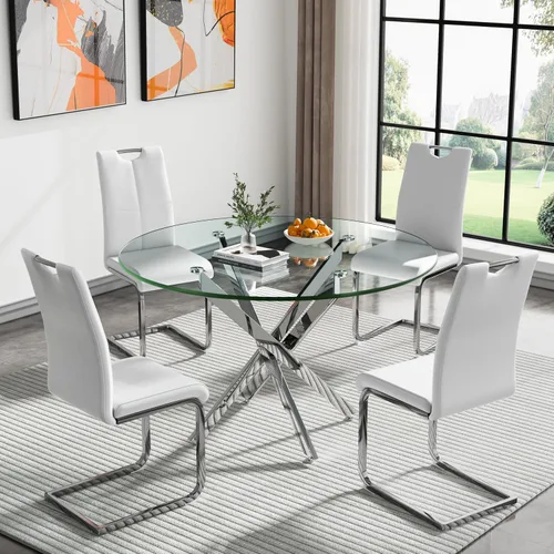 Miniatura 38 de Juego de mesa de comedor redonda de 3 piezas para 2, mesa de cocina moderna de vidrio plateado y sillas para 2 con sillas tapizadas, juego de mesa